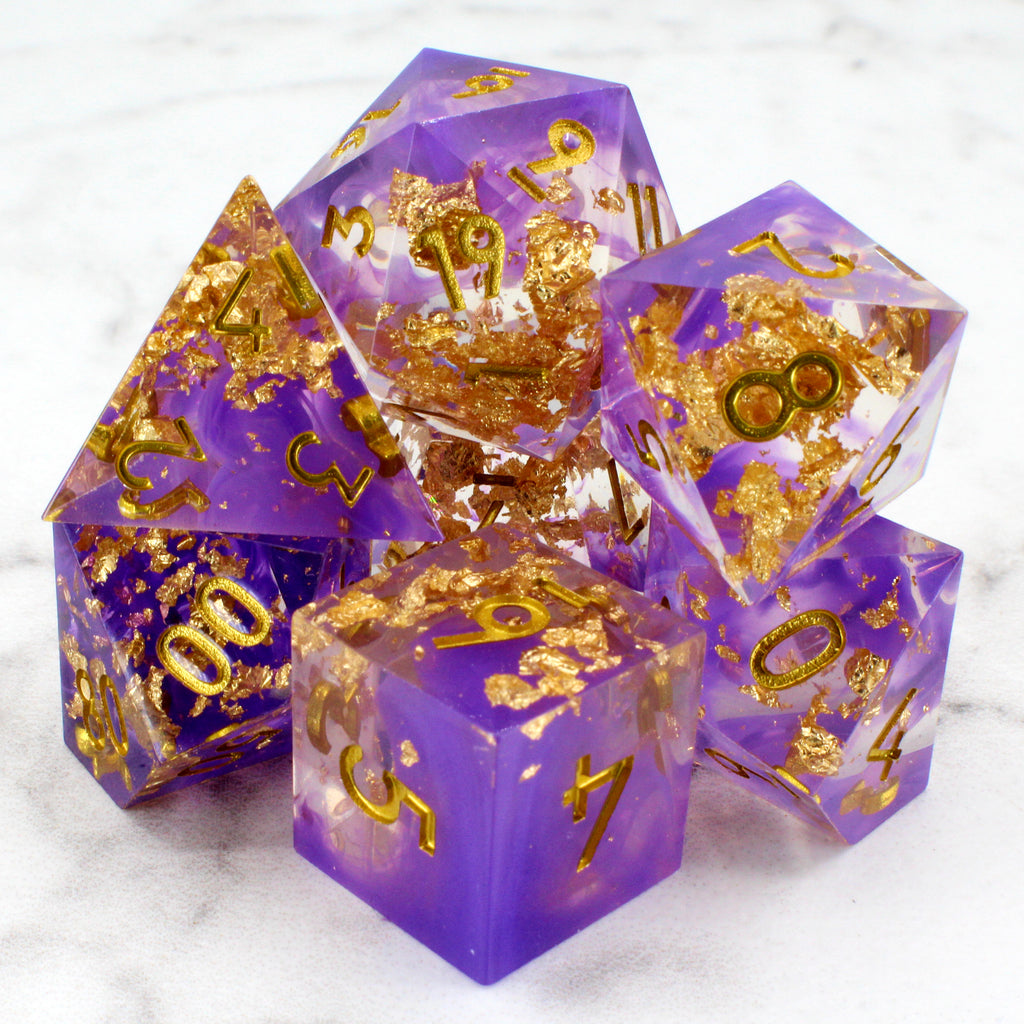 Sharp Edge Dice: Purple with Gold Holographic Foil Inclusions! DND Dice Set Tabletop
