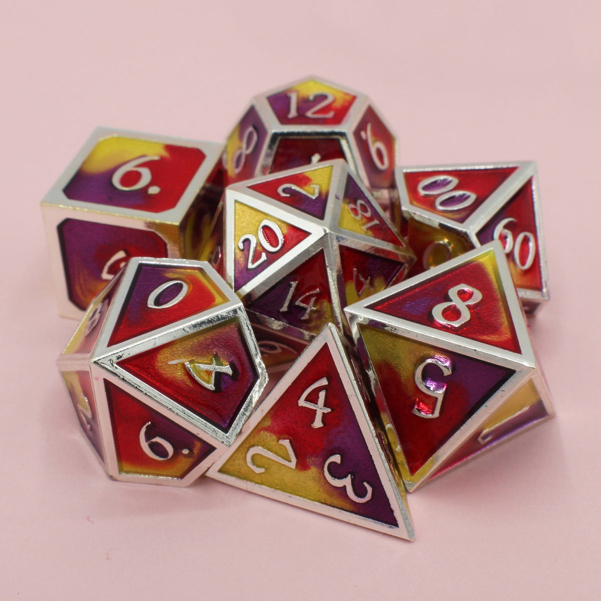 Red Yellow and Purple Metal Dice Set!