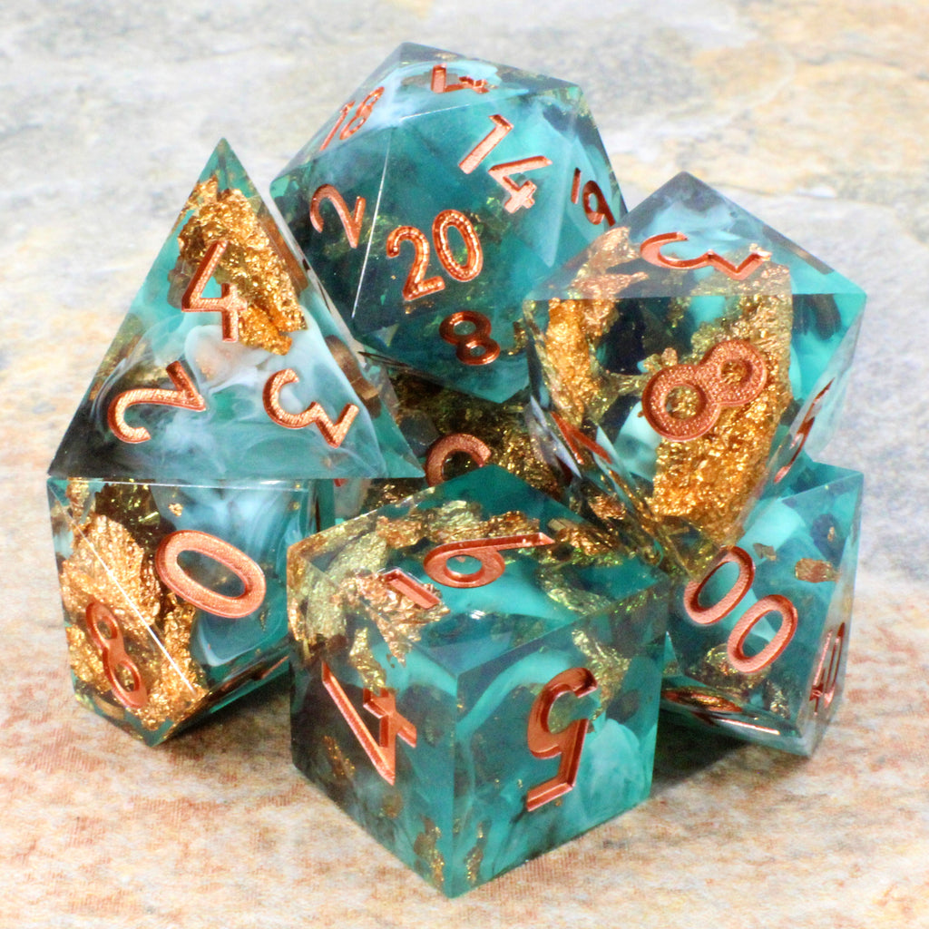 Sharp Edge Dice: Teal with Gold Holographic Foil Inclusions! DND Dice Set Tabletop