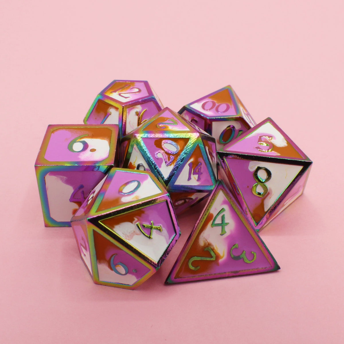 Pink Orange and White with Rainbow Framed Metal Dice Set!