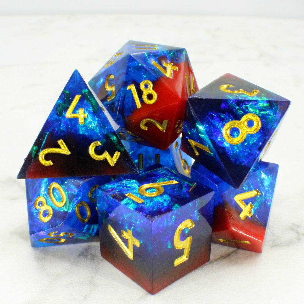 Sharp Edge Dice: Blood and Blue with Holographic Inclusions and Gold Numbers!