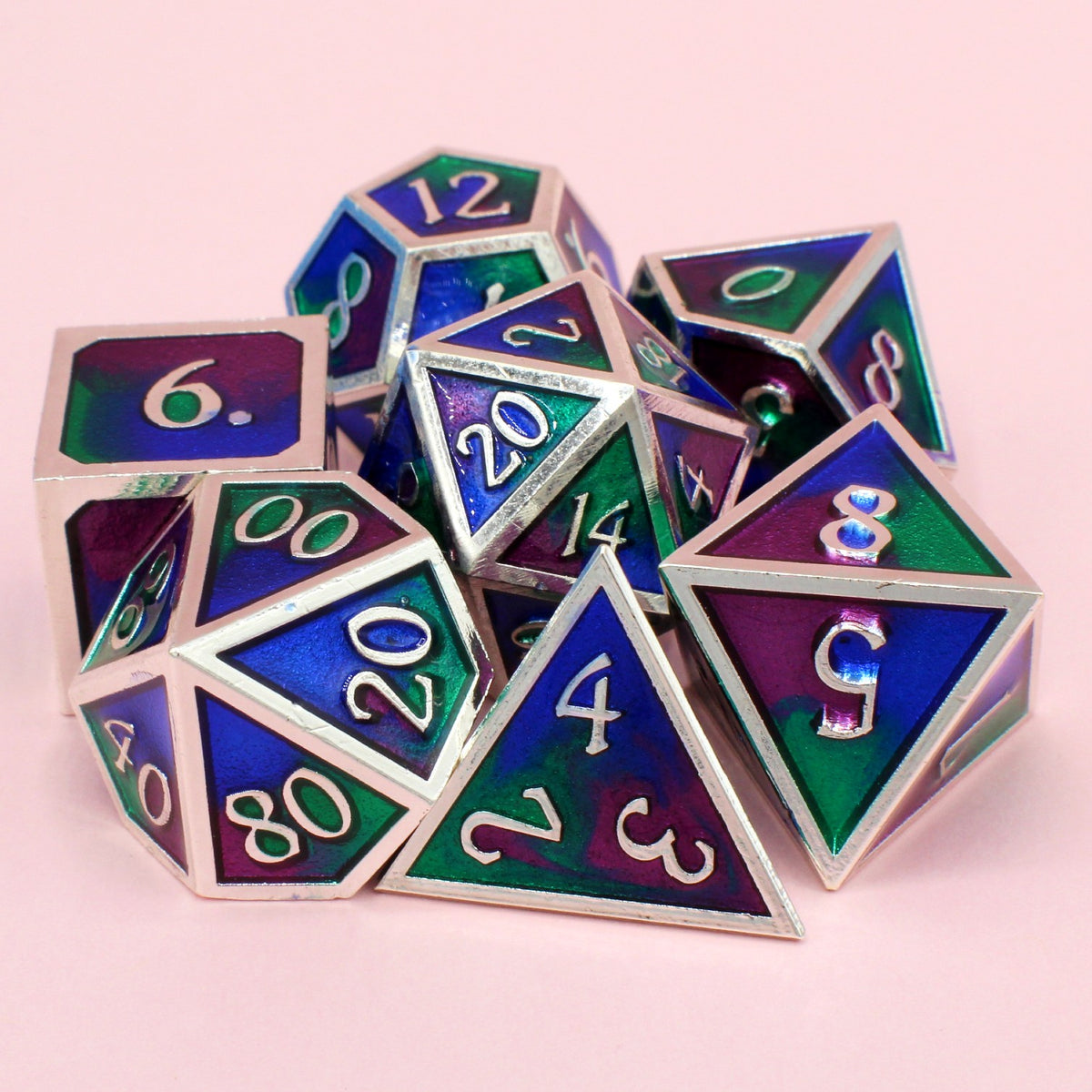 Green Blue and Purple Metal Dice Set!