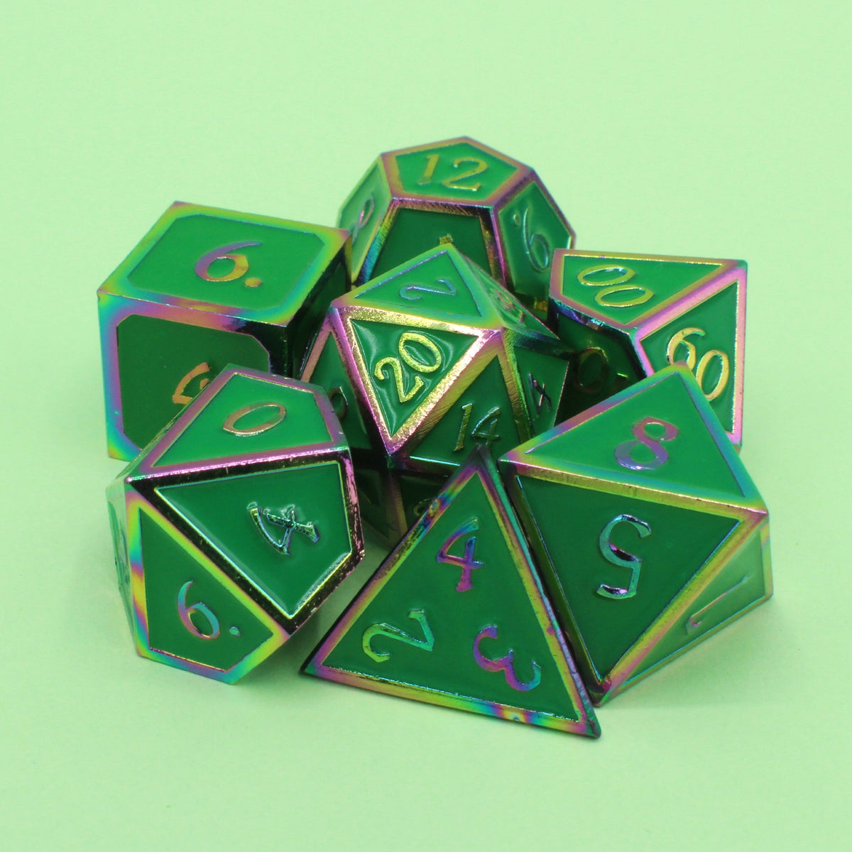 Green and Rainbow Framed Metal Dice Set!